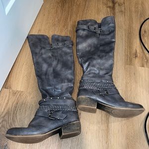 Gray Knee High Strap Boots